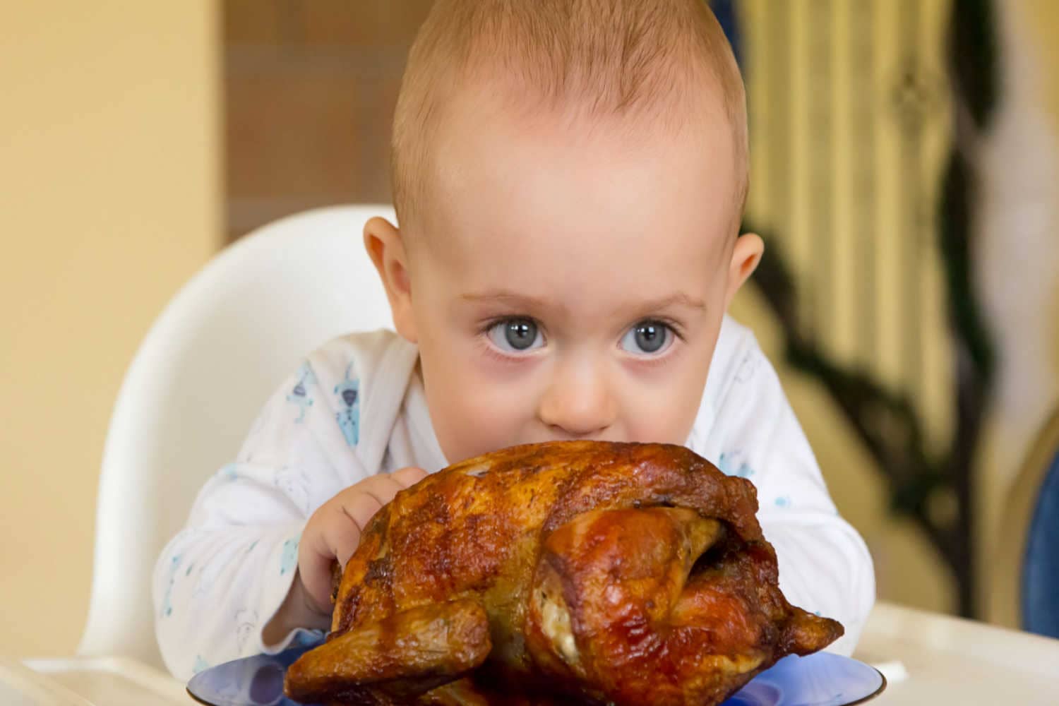 baby eating chicken