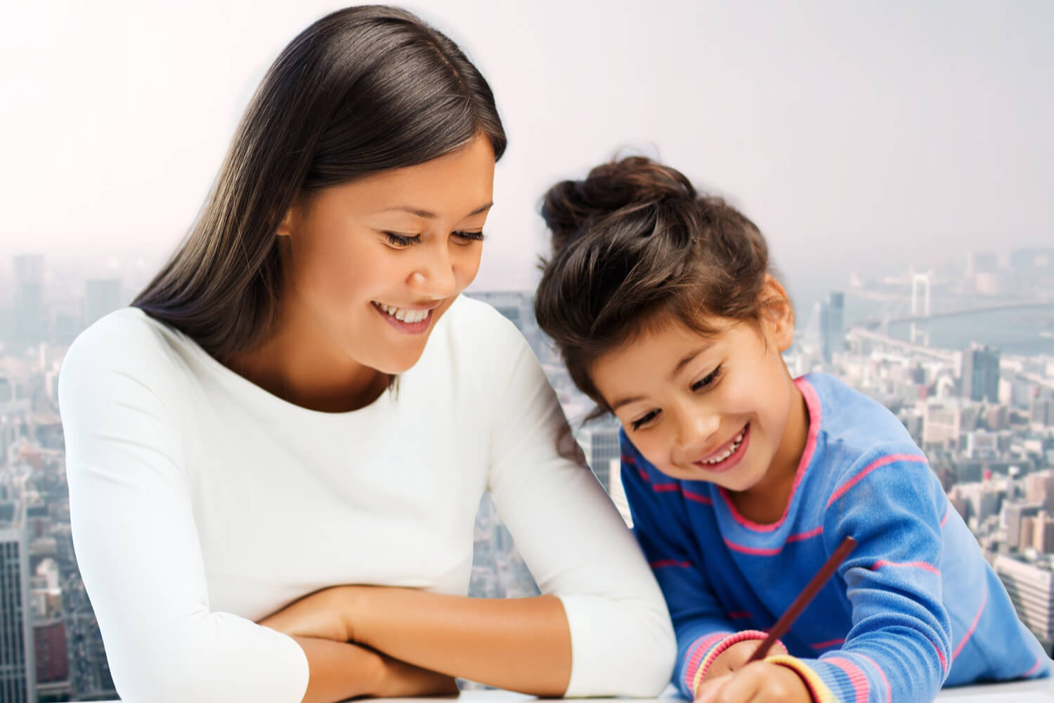 happy mother teaching girl