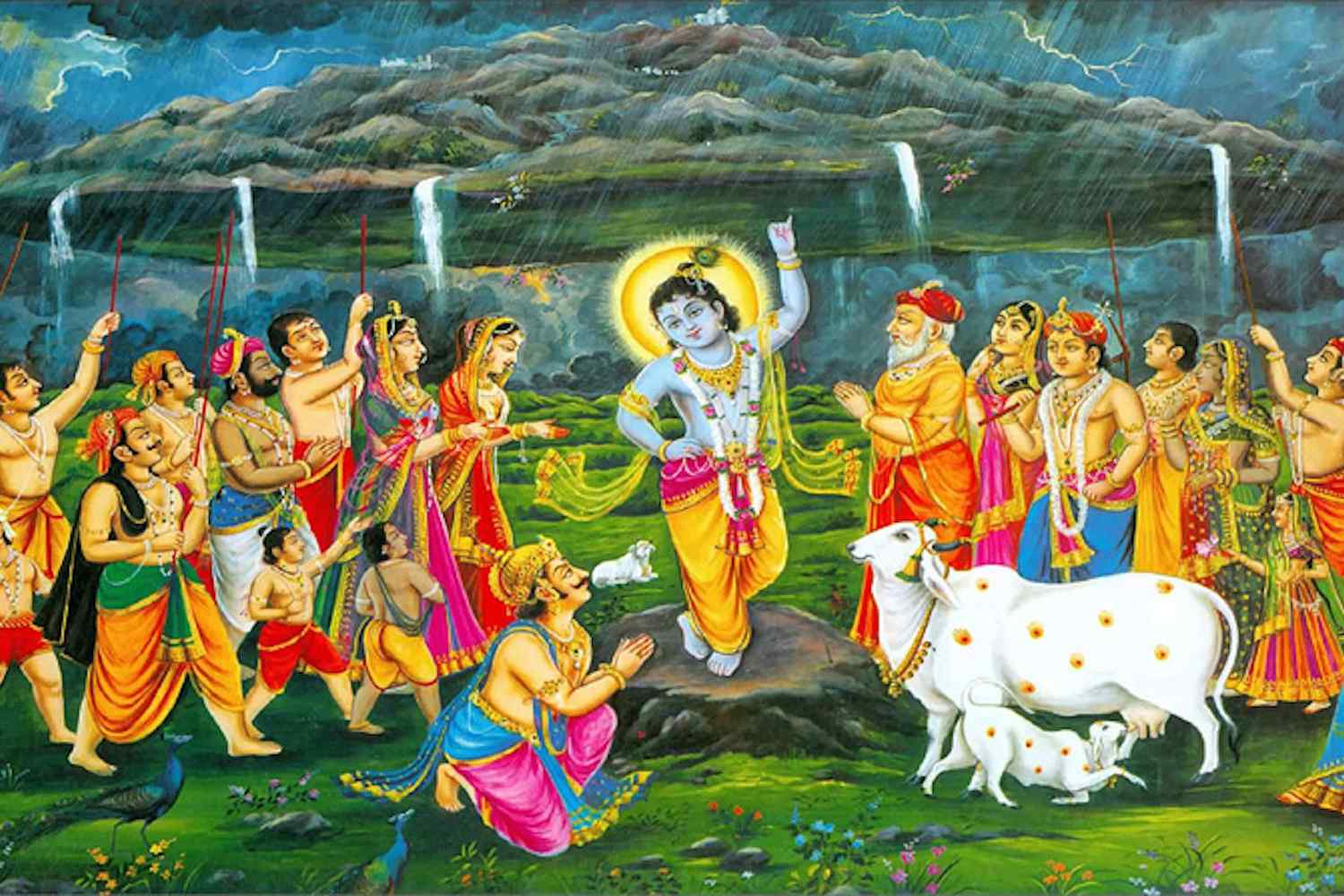 Krishna lifting Govardhan Hill