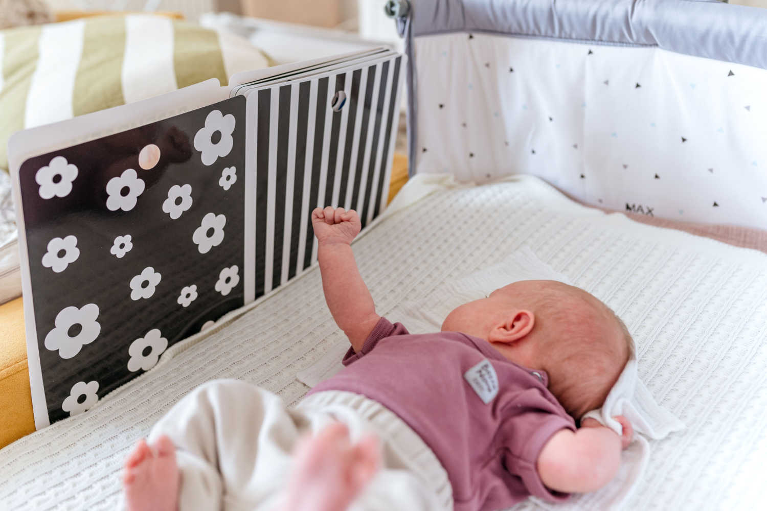 baby reading black and white book