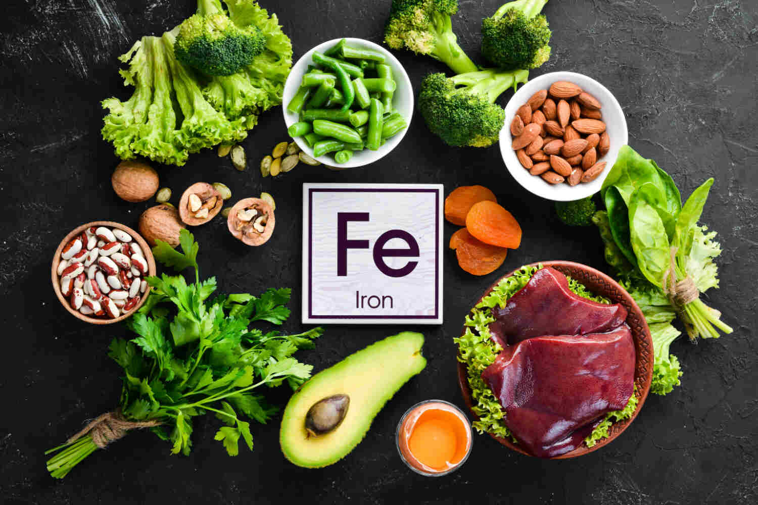 Iron is found in green leafy vegetables and meat