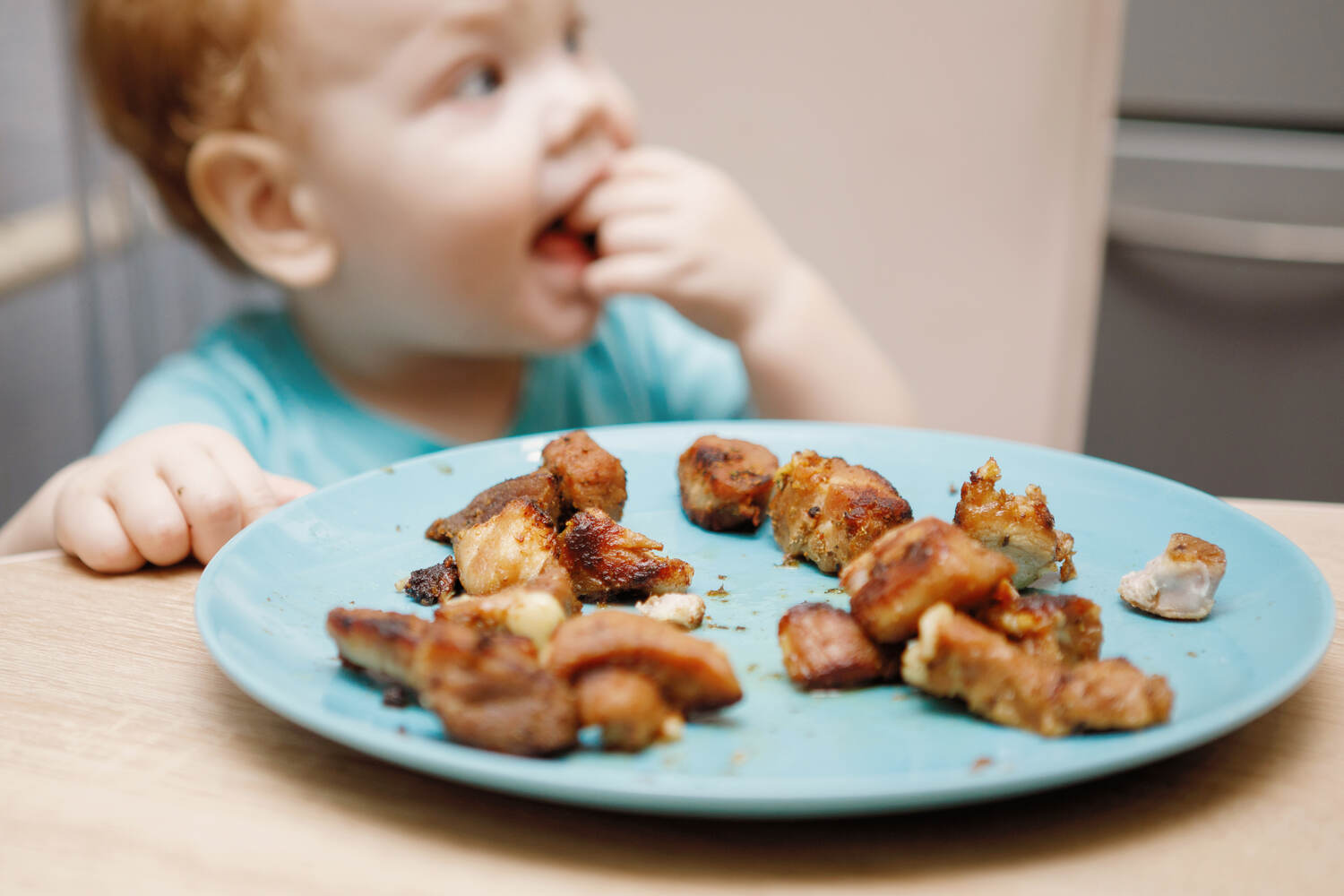 Cut meat into bite sized pieces for toddlers to eat easily