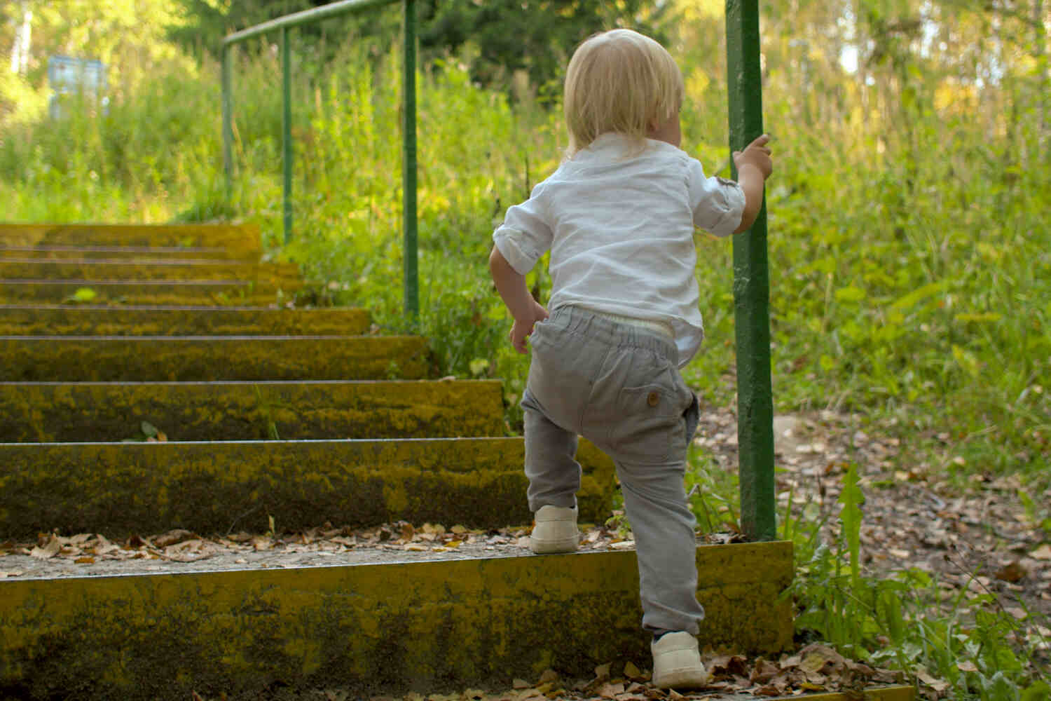 A toddler climbing steps